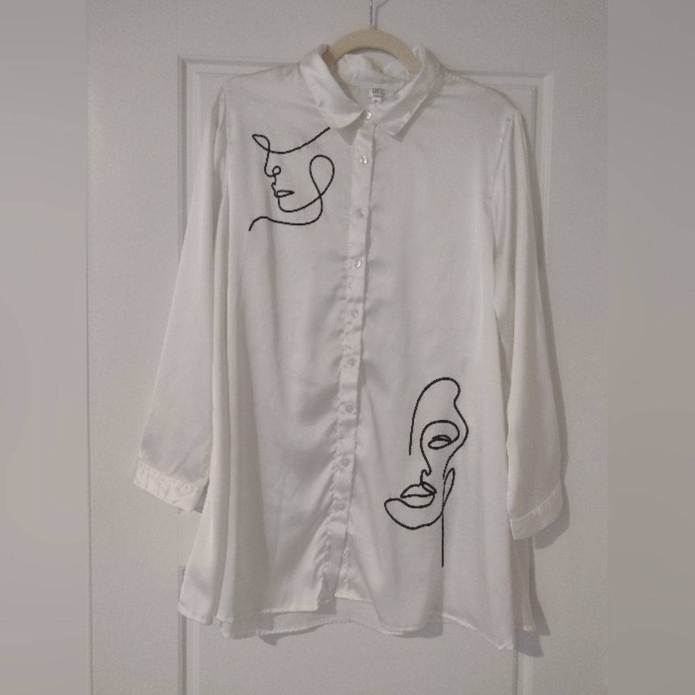 Kaktus White Button Down Shirt with Artistic Faces